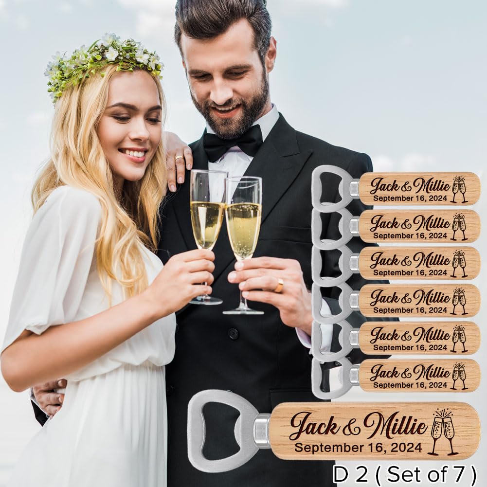 Personalized Bottle Openers, Wooden Custom Couple’s Names & Date Openers for Wedding Gift, Idea Gifts for Wedding (Set of 6)