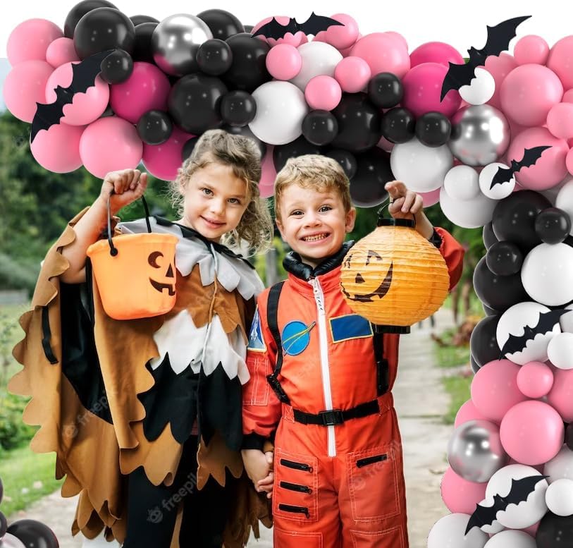 Decoración de fiesta de Halloween rosa, kit de arco de globos de Halloween con globos negros, rosa, blanco y plateado, guirnalda de globos de
