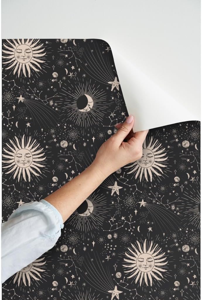 Spoonflower Papel tapiz para despegar y pegar – Boho Astronomía Celestial Astrología Negro Beige Bohemio Femenino Papel pintado extraíble