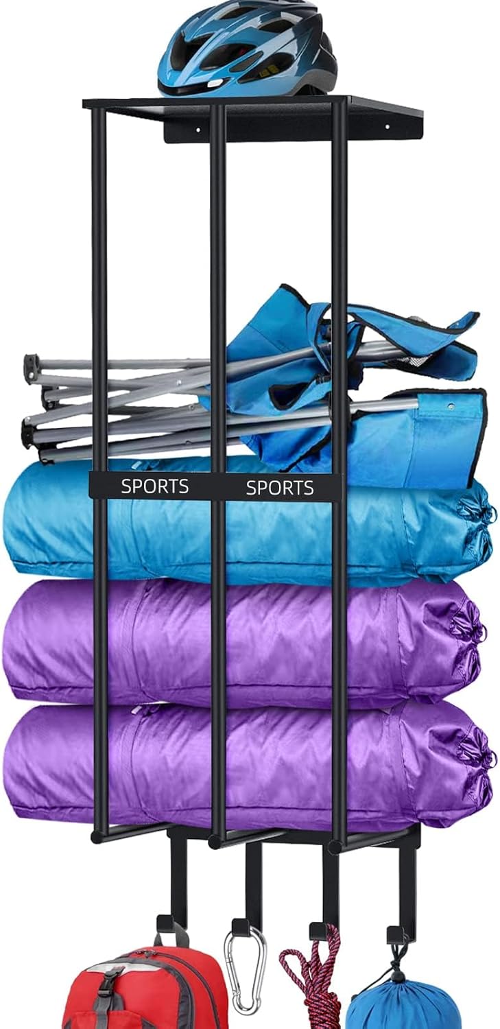 Almacenamiento de silla de camping, soporte de metal para silla de camping para garaje con 4 ganchos, silla de playa y estante de almacenamiento de