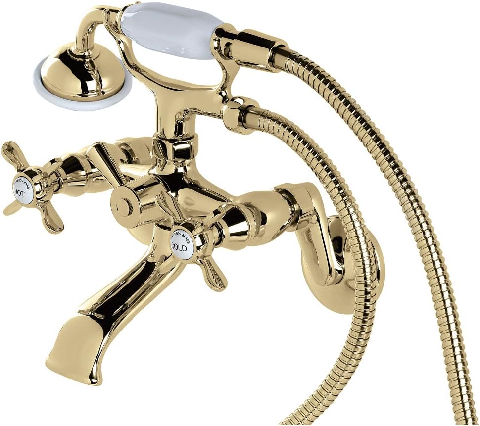 Kingston Brass KS286PB Essex – Grifo de bañera de pared con ducha de mano, alcance de boquilla de 7-14 pulgadas, latón pulido