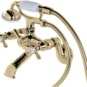 Kingston Brass KS286PB Essex – Grifo de bañera de pared con ducha de mano, alcance de boquilla de 7-14 pulgadas, latón pulido Kingston Brass KS286PB Essex – Grifo de bañera de pared con ducha de mano, alcance de boquilla de 7-14 pulgadas, latón pulido
