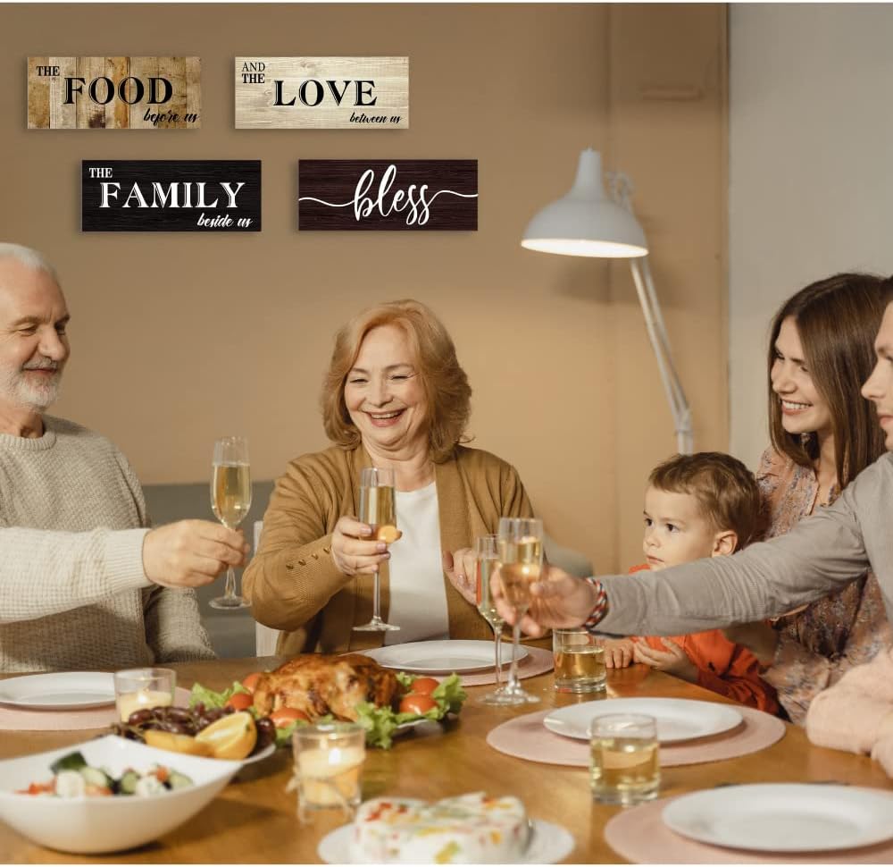 Creoate Letreros de cocina para decoración de pared, 4 piezas de madera con texto en inglés “Bless Food” para decoración de pared de cocina,