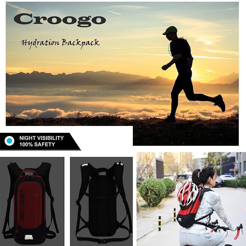 Croogo Paquetes de hidratación, mochila de hidratación con vejiga de hidratación de 2 litros, mochila de bicicleta impermeable transpirable para