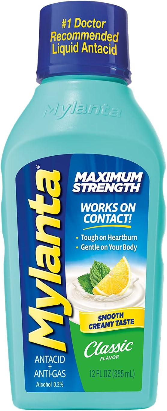 Mylanta Antiácidos y alivio de gases, fórmula de máxima fuerza, sabor clásico, 12 onzas líquidas y tabletas antiácidas masticables TUMS Ultra