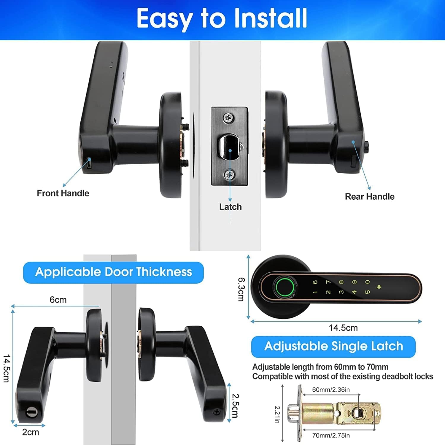 Desbloqueo 5 en 1 huella digital, Bluetooth, código, tarjeta IC, cerradura de puerta con huella dactilar, perilla de puerta inteligente, cerradura