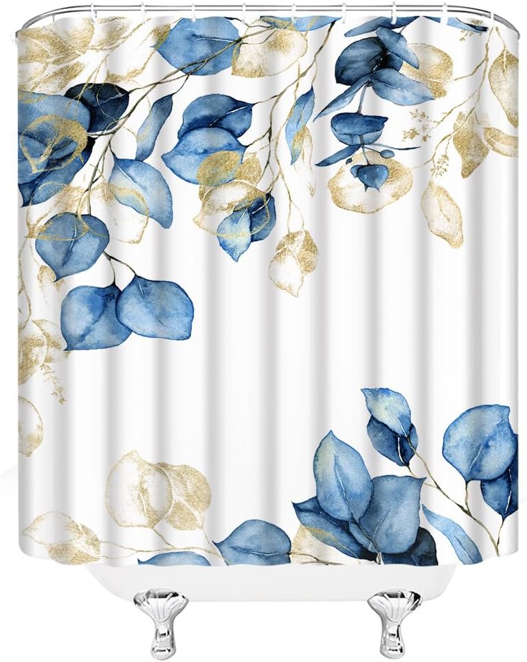 Cortina de ducha de hojas azules doradas, hojas de eucalipto, acuarela, botánica, floral, naturaleza, rústico, cortina de ducha de tela con ganchos
