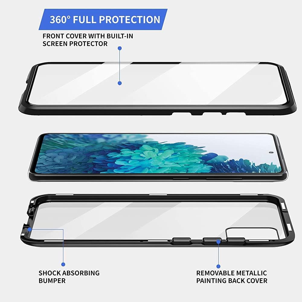 QUIETIP Funda compatible con Samsung Galaxy S20 FE, funda magnética de metal transparente de cristal, marco de metal delgado, vidrio templado de