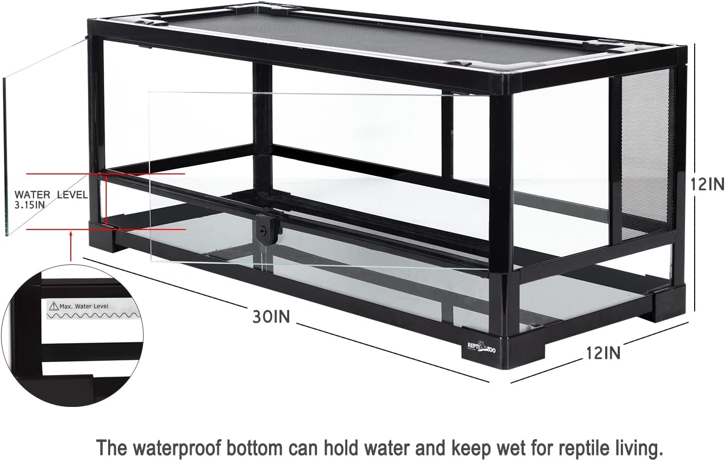 REPTI ZOO Terrario de reptil de cristal de 20 galones, tanque de reptil de apertura frontal de 30 x 12 x 12 pulgadas para mascotas reptiles,