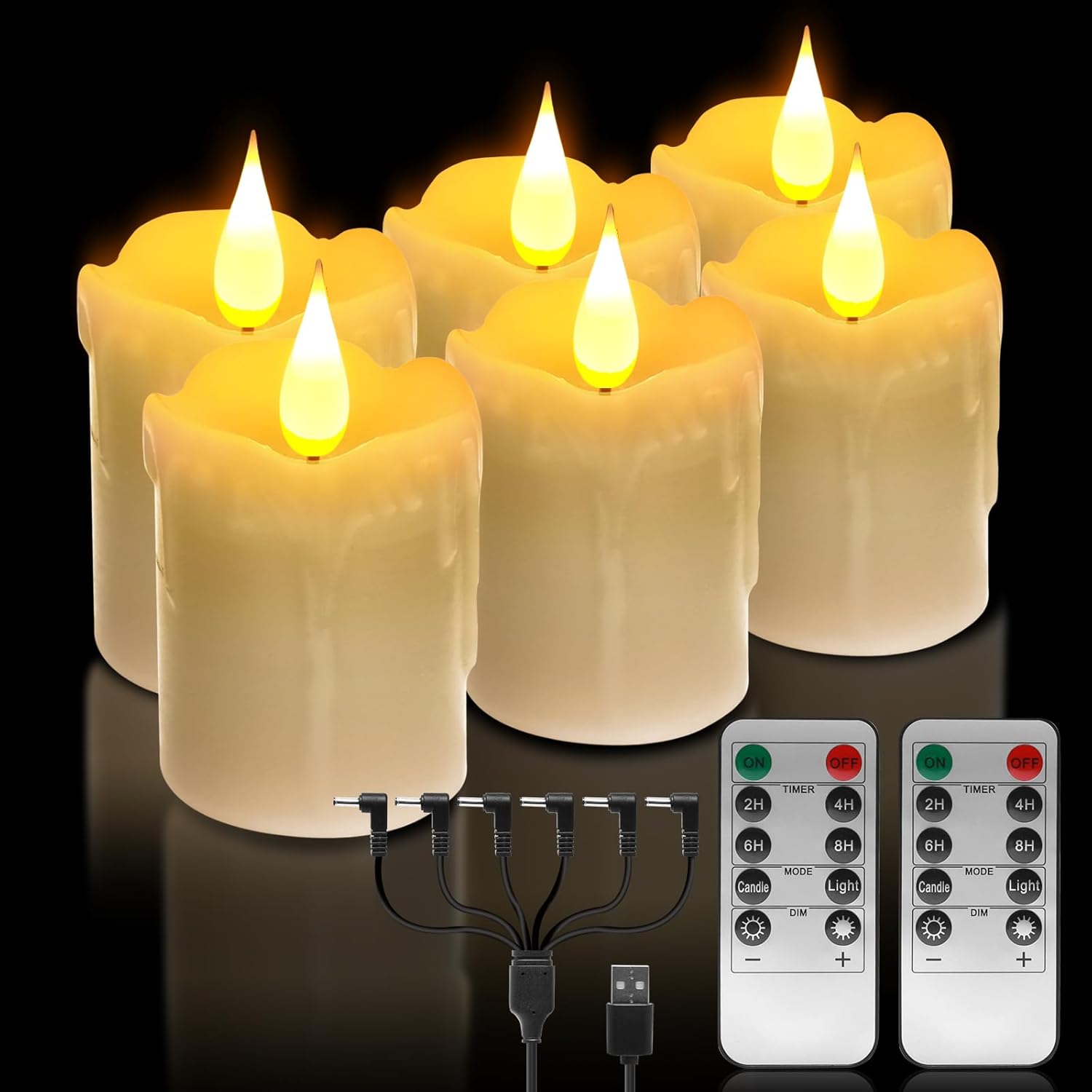 6 velas LED de cera real recargables sin llama, color blanco cálido, control remoto, 2 pulgadas de profundidad x 4 pulgadas de alto, brillo