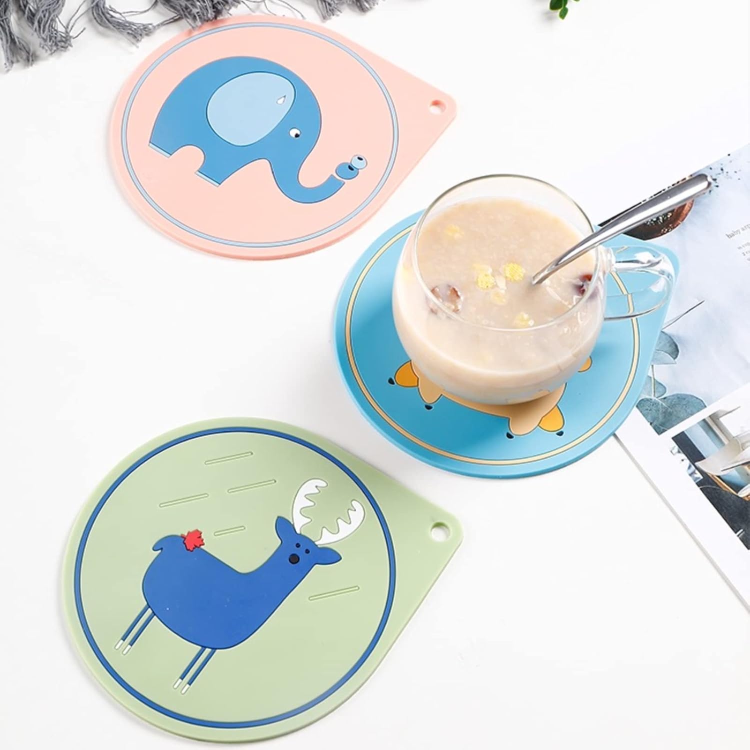 4 soportes de silicona para ollas de cocina de animales de dibujos animados, resistentes al calor, patrón de conejo de elefante, salvamanteles para