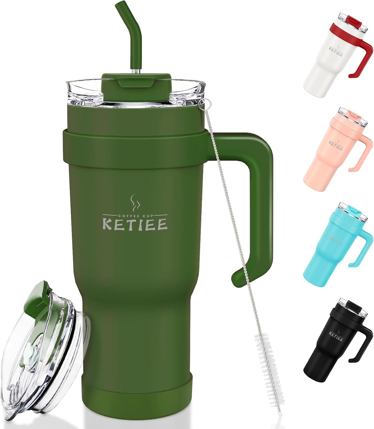 KETIEE Vaso de 40 onzas con asa y pajilla, taza de viaje de acero inoxidable aislada al vacío con tapa atornillada, jarra de agua grande, taza de
