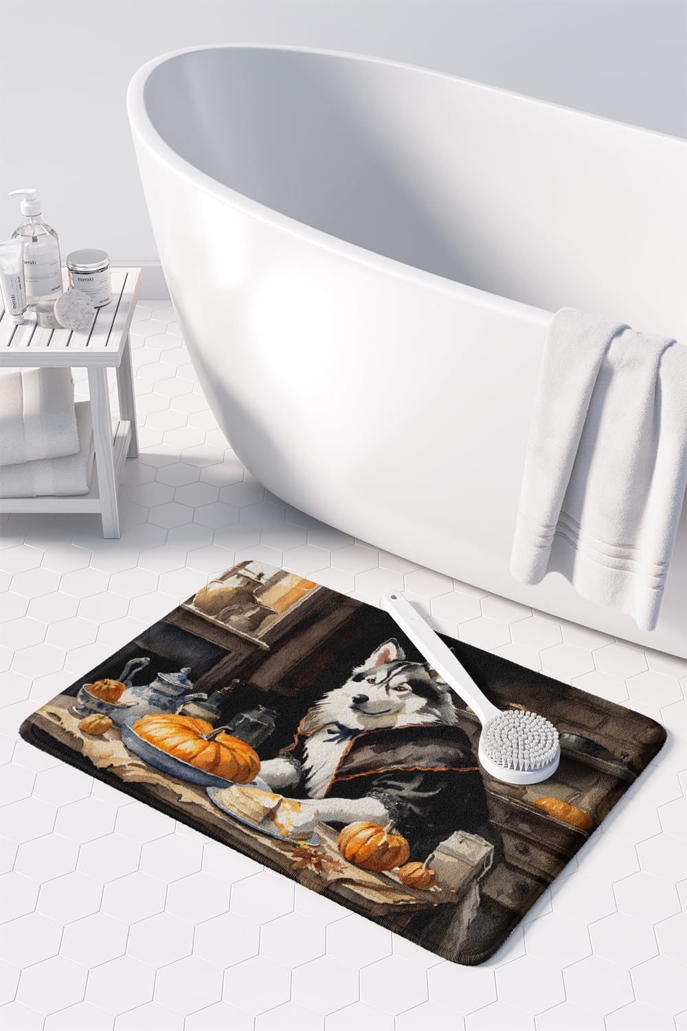 Caroline’s Treasures Siberian Husky Fall Kitchen Pumpkins Memory Foam Kitchen Mat Machine Washable Anti-Fatigue Mat Cushion Comfort Bath Mat or