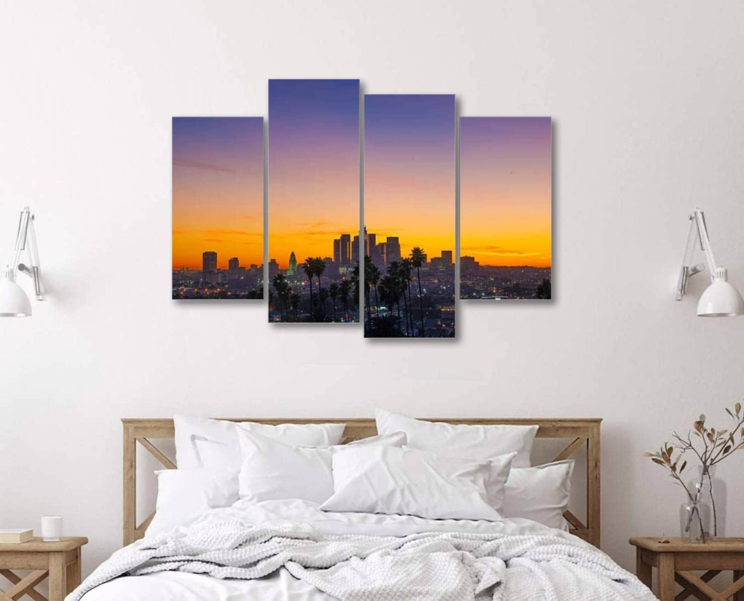 Lienzo de 4 paneles para pared, diseño de Los Ángeles, horizonte, palmeras, gran angular, póster de pintura estirado y enmarcado, decoración de