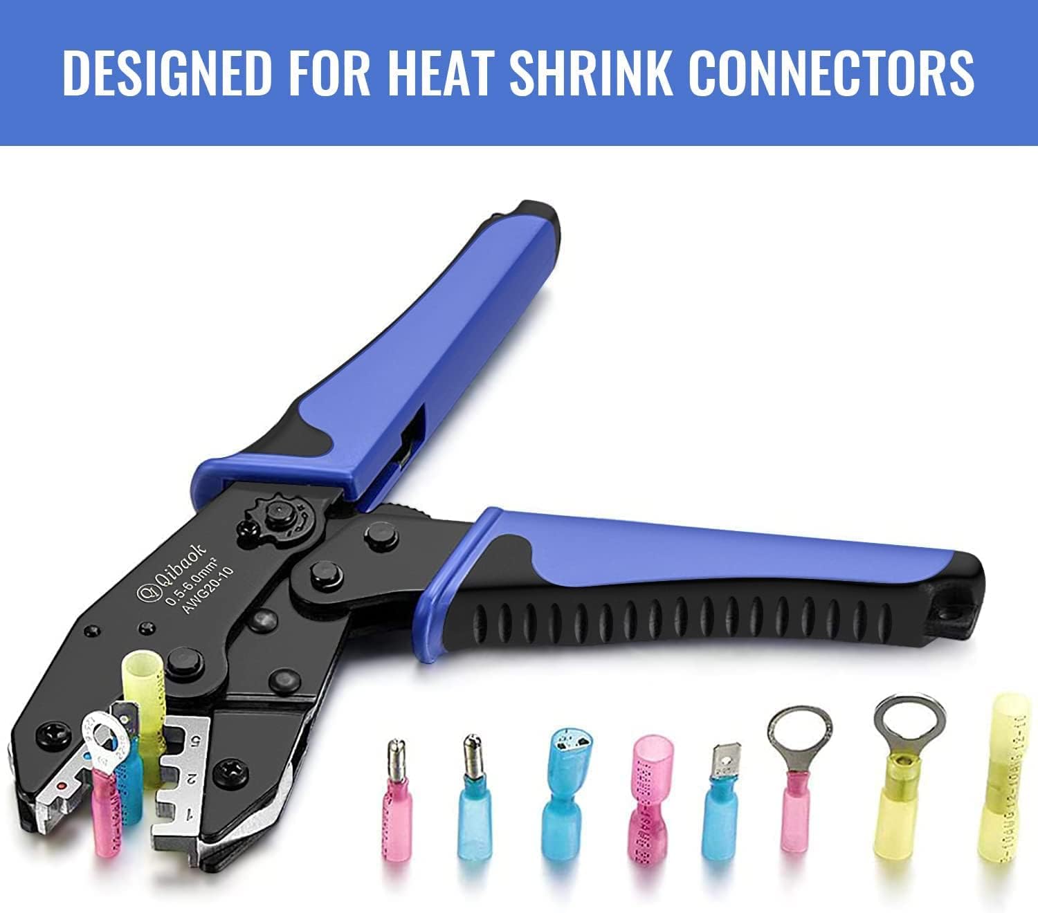 Qibaok Crimpadora de cables de trinquete para conectores termorretráctiles, terminales de trinquete, herramienta de crimpado de alambre AWG 22-10
