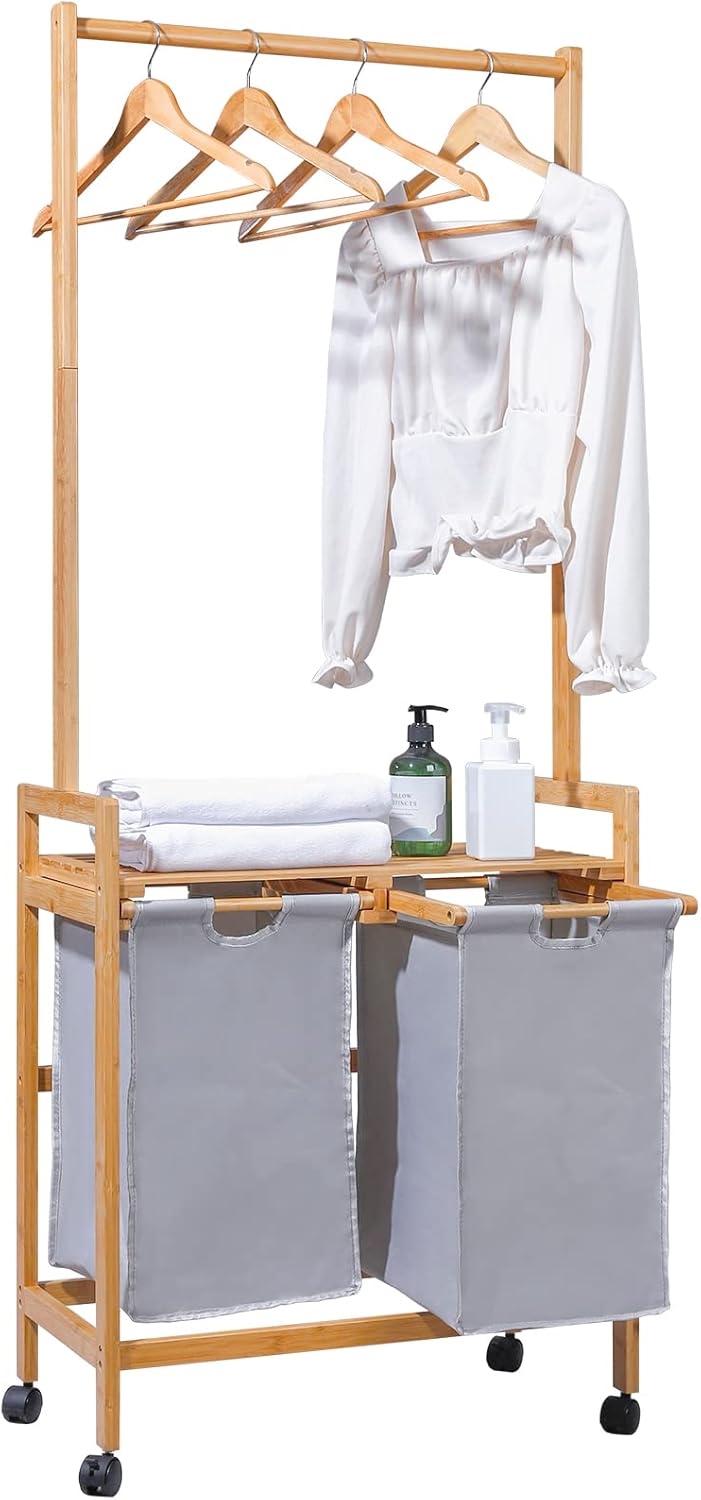 Homde Cesta de lavandería, carrito clasificador de ropa de bambú con barra para colgar ropa, cesta de lavandería de 2 secciones con ruedas, bolsas
