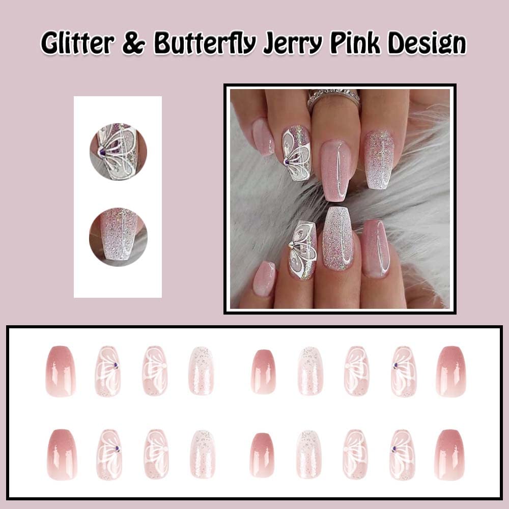 ANDGING Uñas postizas a presión de color blanco degradado, cortas y medianas para mujer, con diseño de mariposa, color rosa Jerry, uñas postizas