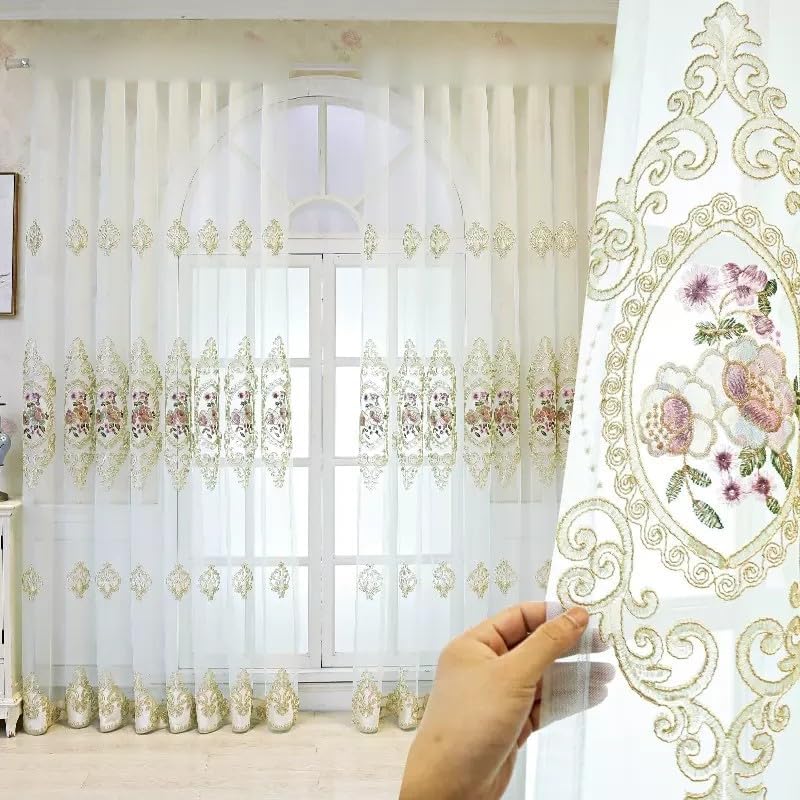 WPKIRA Cortina de gasa con diseño de flores en bordado europeo con ranura para cortinero Cortina romántica para ventana, para dormitorio o villa