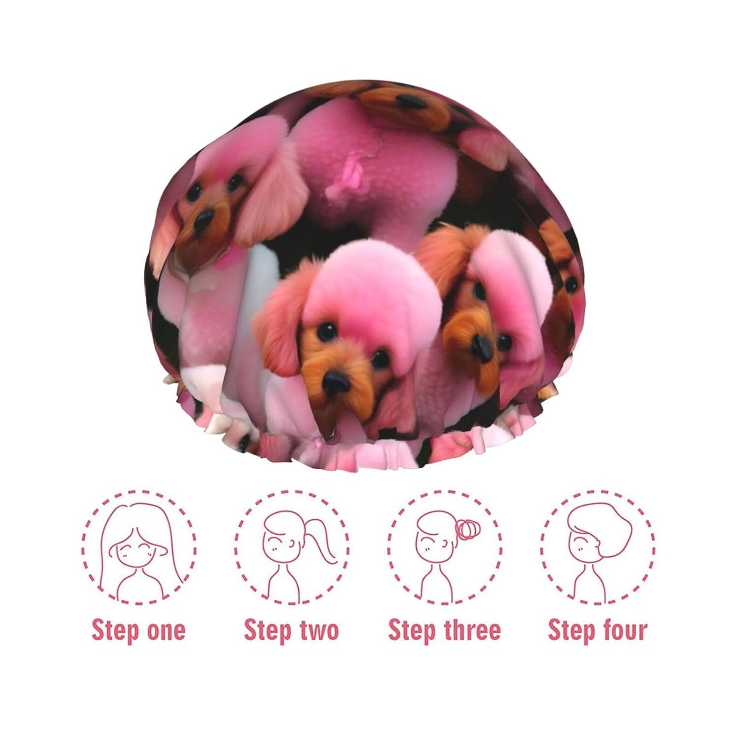 Gorro de ducha reutilizable con estampado de caniches rosados para mujer, doble capa impermeable, gorro de baño de secado rápido