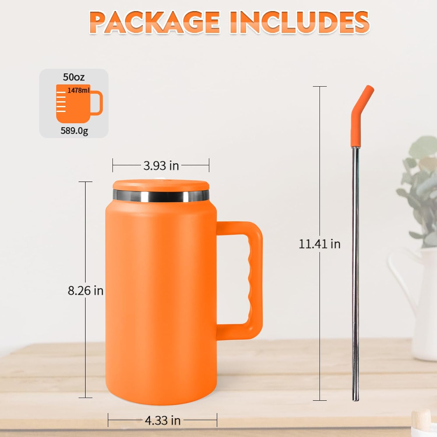 AGH Vaso de 50 onzas con asa, taza aislada de acero inoxidable de doble pared sellada al vacío con tapa y popote, mantiene el agua fría 36 horas,