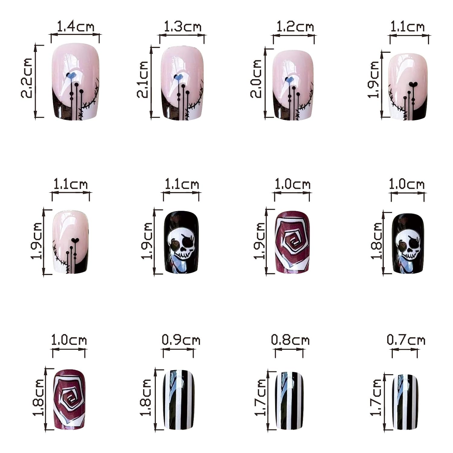 Uñas postizas a presión para Halloween, uñas postizas cuadradas cortas con punta francesa, color rosa, cobertura completa, calavera de azúcar,