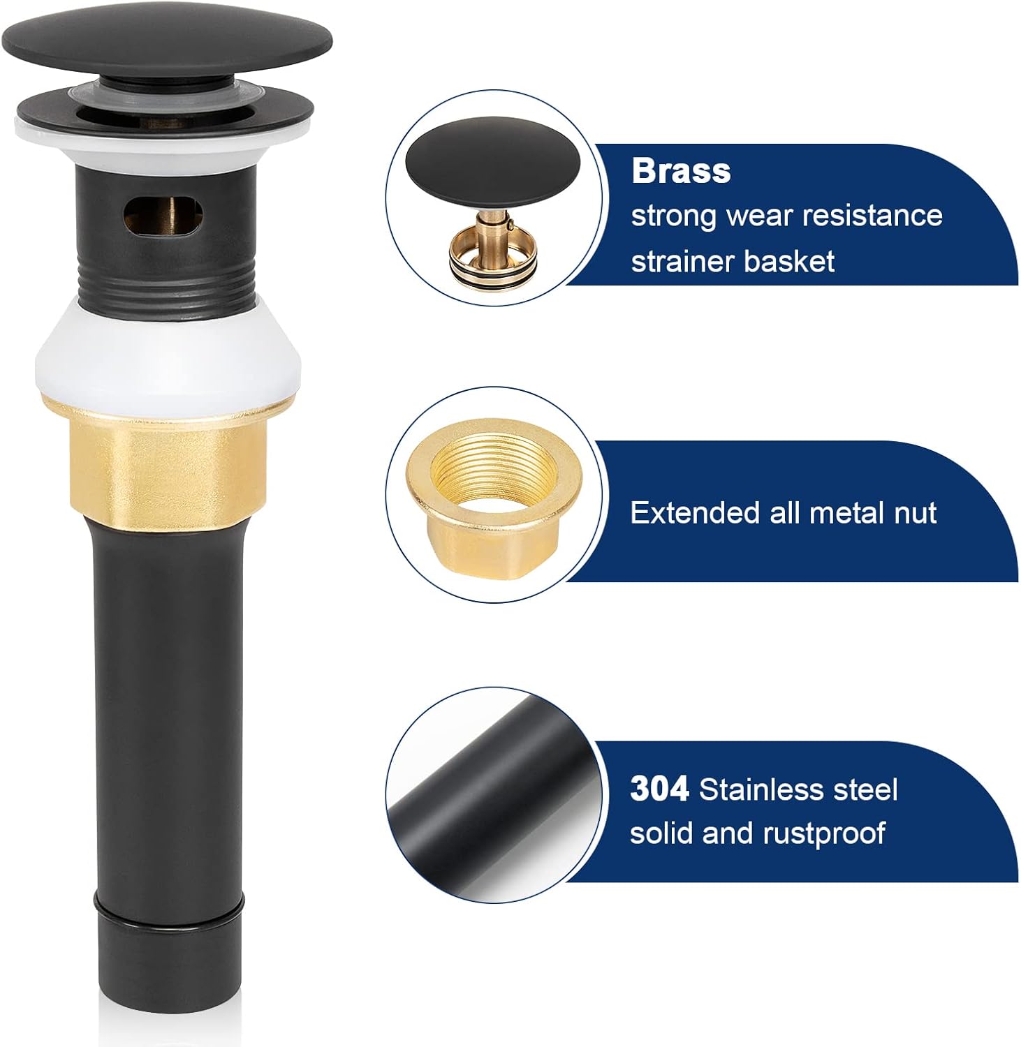 NearMoon Drenaje para lavabo de baño con desbordamiento, drenaje desplegable de acero inoxidable 304 con cesta coladora desmontable,