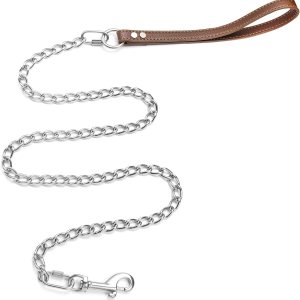 Correa de cadena resistente para perro, correa de cuero con eslabones de acero inoxidable a prueba de mordidas de 4 pies6 pies, con clip de conexión Correa de cadena resistente para perro, correa de cuero con eslabones de acero inoxidable a prueba de mordidas de 4 pies6 pies, con clip de conexión