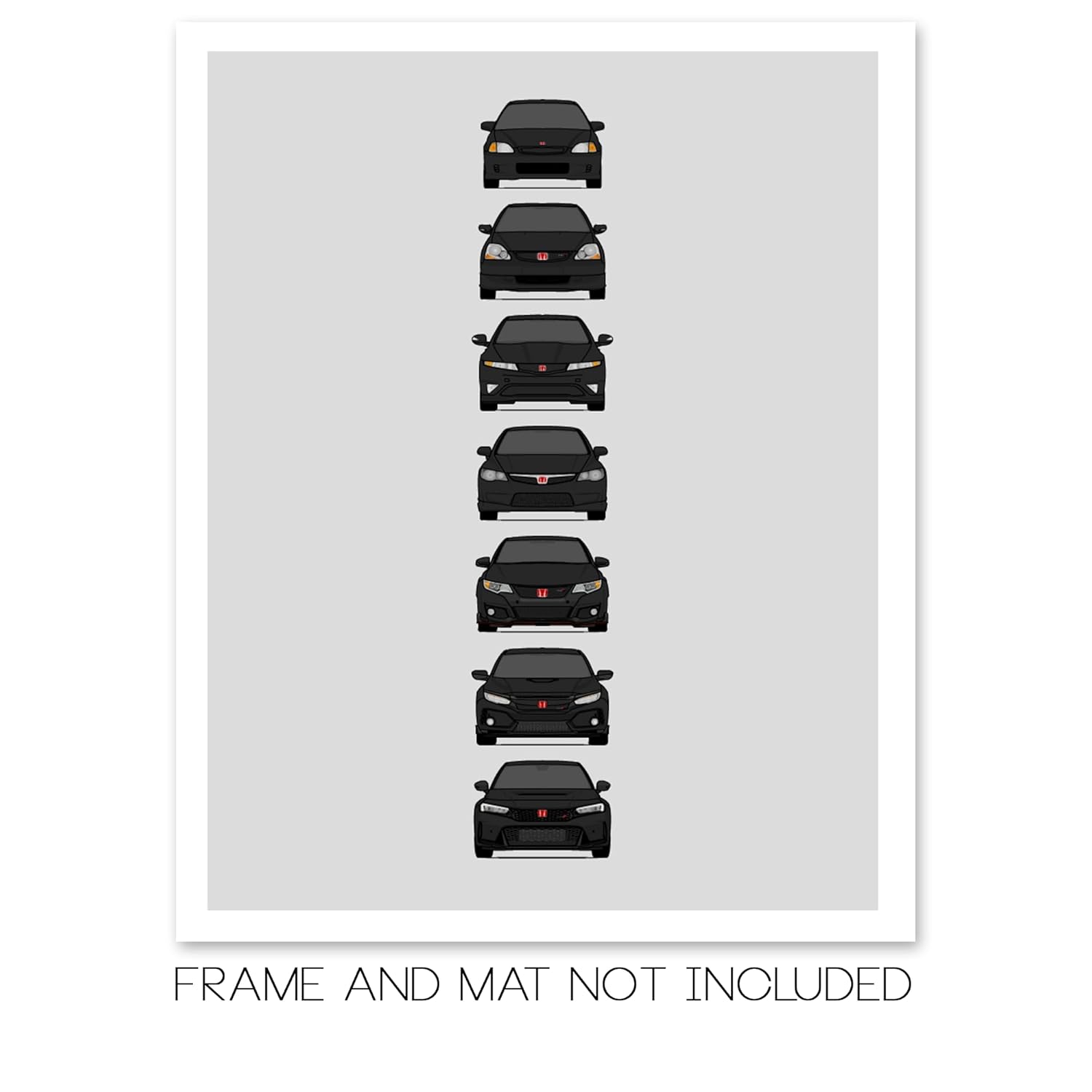 Honda Civic Type-R Generations Inspired Car Poster – Handmade Print of EK9, EP3, FD2, FN2, FK2, FK8, FL5 – Black, 8×10″ Metallic Print (Unframed) –