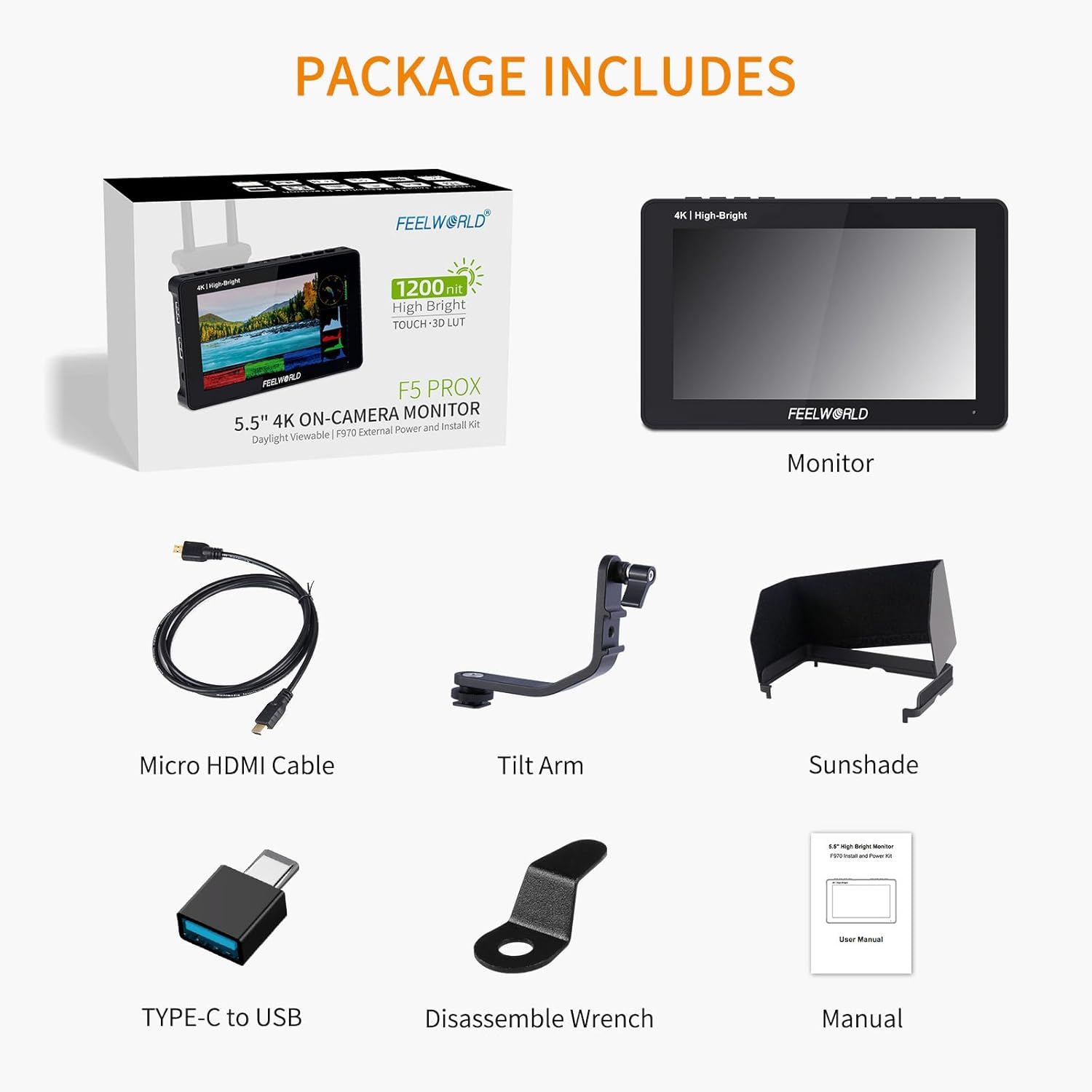 FEELWORLD F5 Prox 5.5 pulgadas 1600nit Cámara DSLR de alto brillo Monitor de campo Pantalla táctil Forma de onda 3D LUT F970 Kit externo Instalar