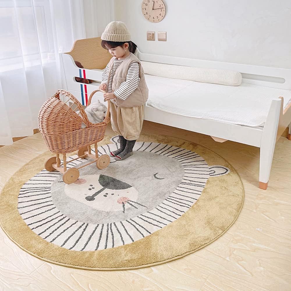 Alfombra de león para niños, alfombra redonda para bebé, decoración de habitación de niños, lavable, antideslizante, con temática de dibujos