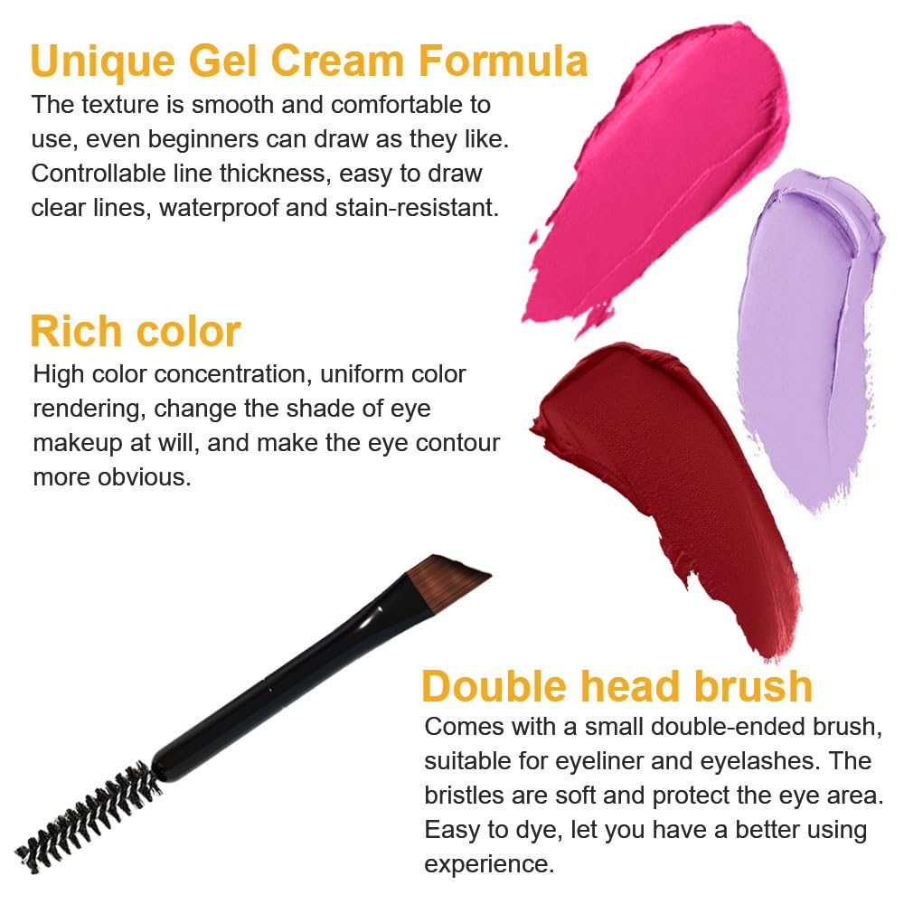 evpct Delineador de ojos de gel rosa rojo oscuro, morado claro, impermeable, a prueba de manchas, crema para cejas, juego de pomadas con pinceles