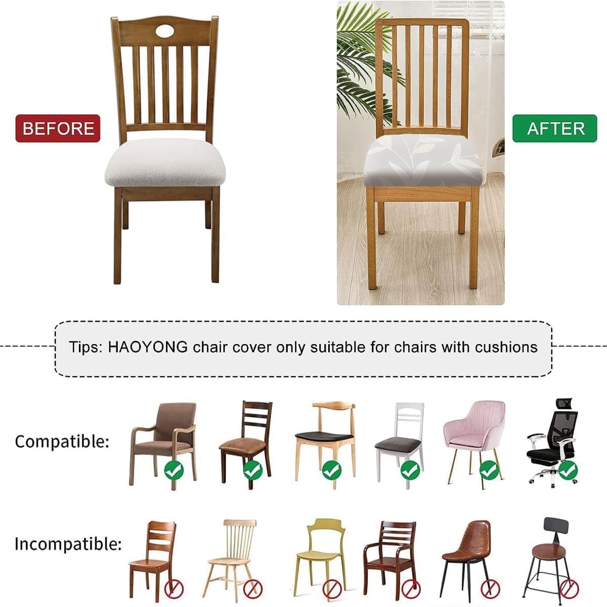 Juego de 6 fundas de asiento para silla, elásticas, estampadas, para comedor, cuadradas, extraíbles y lavables, fundas de cojín para cocina, oficina