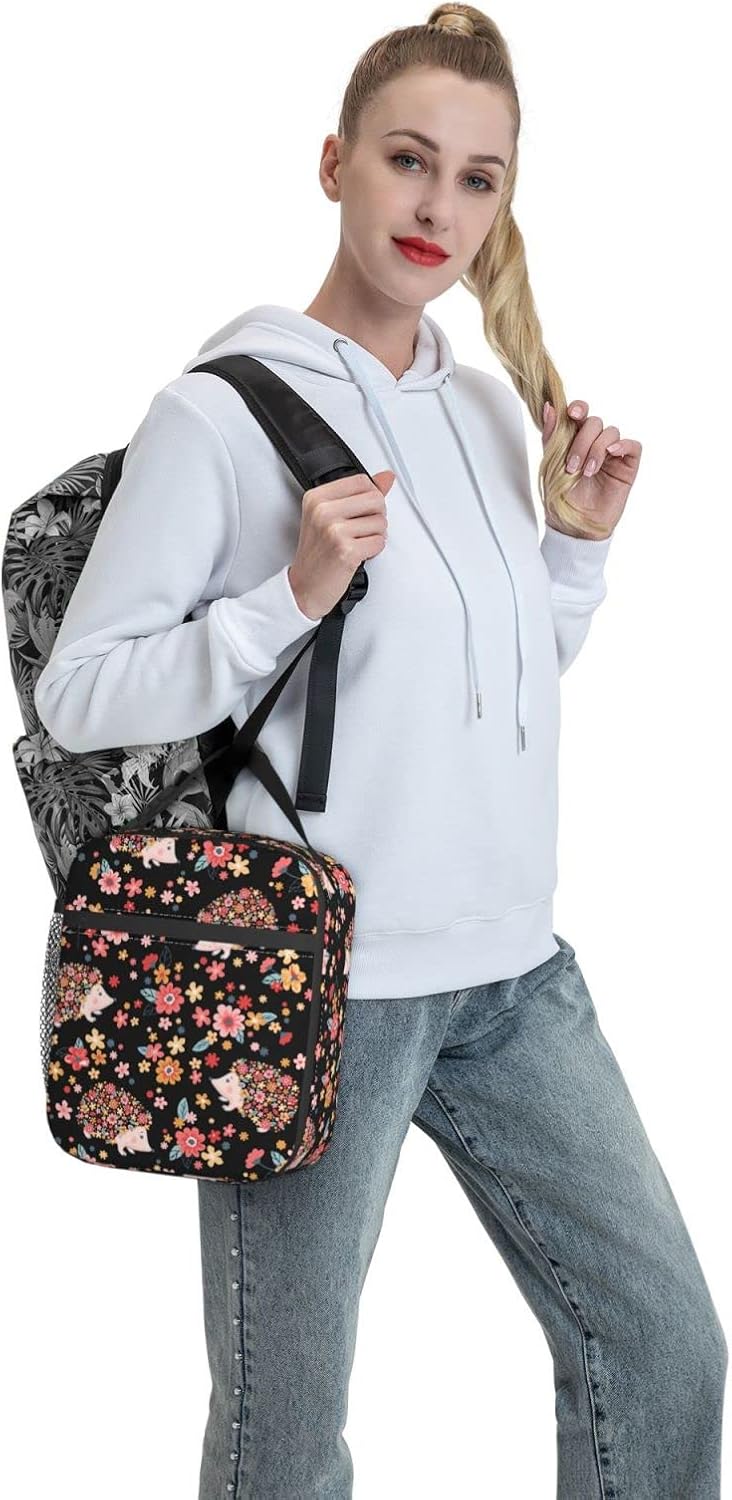 Bolsa de almuerzo con diseño de flores y erizos lindos, bolsa de comida aislada, contenedor de alimentos para la escuela, trabajo, picnic, viajes
