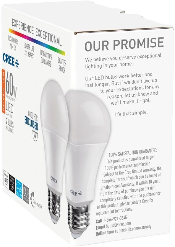 Cree Paquete de 8 bombillas LED de repuesto A19 de 60 W, color blanco suave (2700 K) regulables