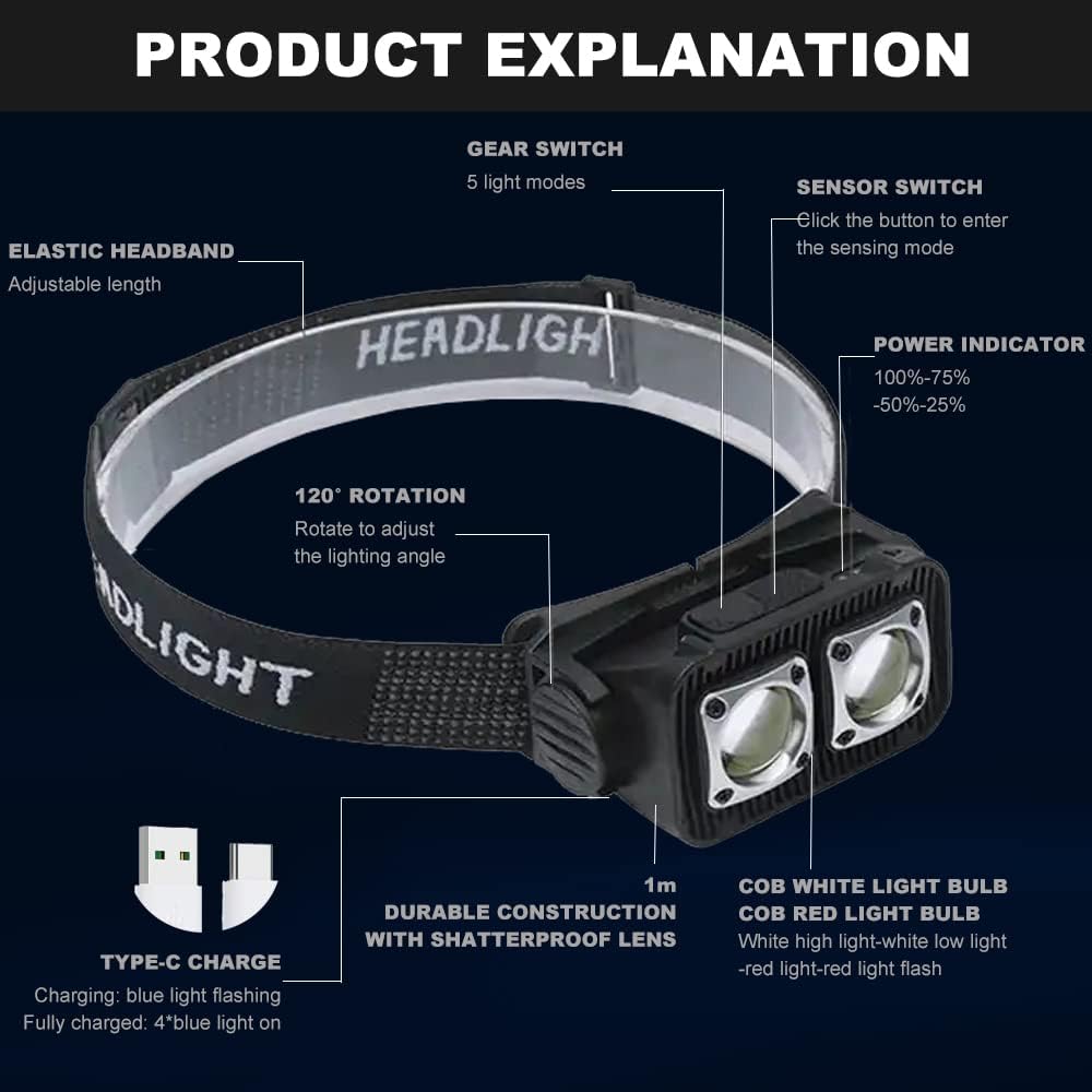 Linterna frontal recargable, sensor de movimiento de 1000 lúmenes, lámpara LED recargable para exteriores, impermeable, IPX4, para caminar por la