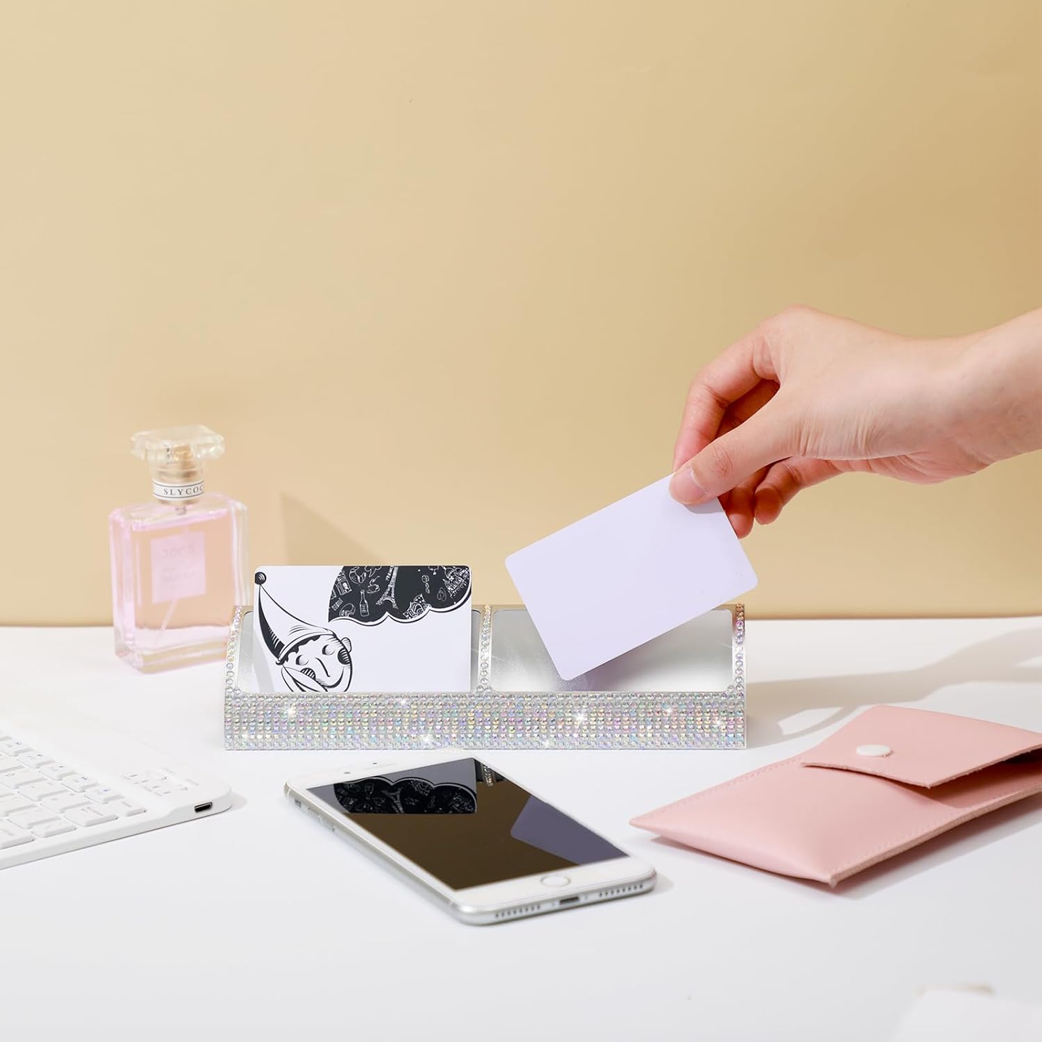 Fuutreo 2 soportes para tarjetas de visita de aluminio brillante en color AB para tarjetas de visita de escritorio, organizador de tarjetas de