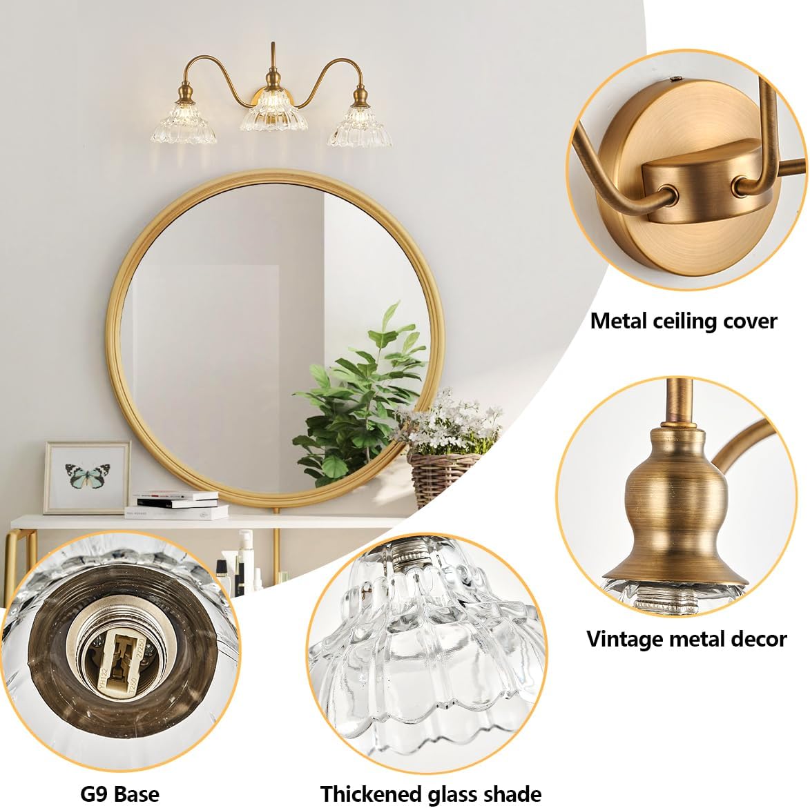 Apliques de pared vintage de 3 luces de latón moderno para tocador de baño, lámpara de tocador retro de vidrio para dormitorio, baño, puerta,
