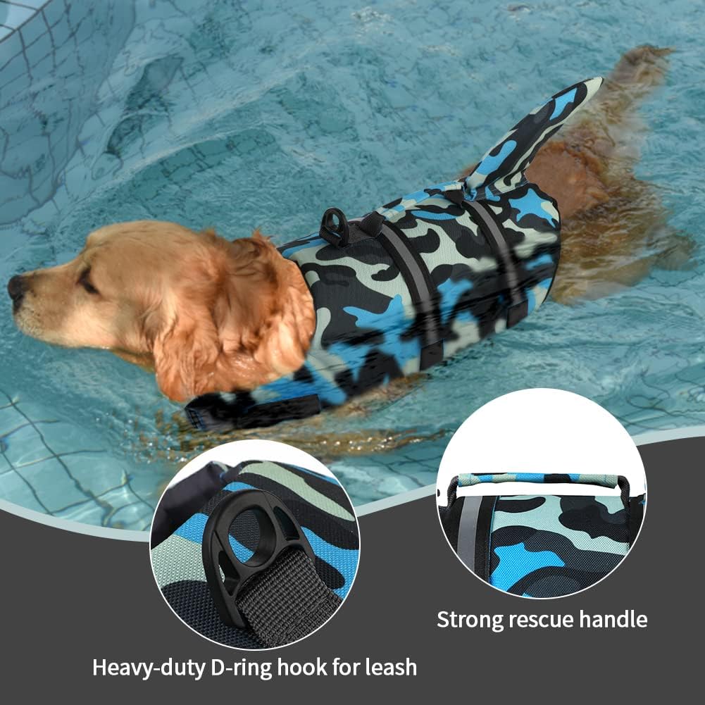 Doglay Chaleco salvavidas para perros con tiburón, chaleco salvavidas para perros para nadar en barco, chaleco salvavidas ajustable para perros con