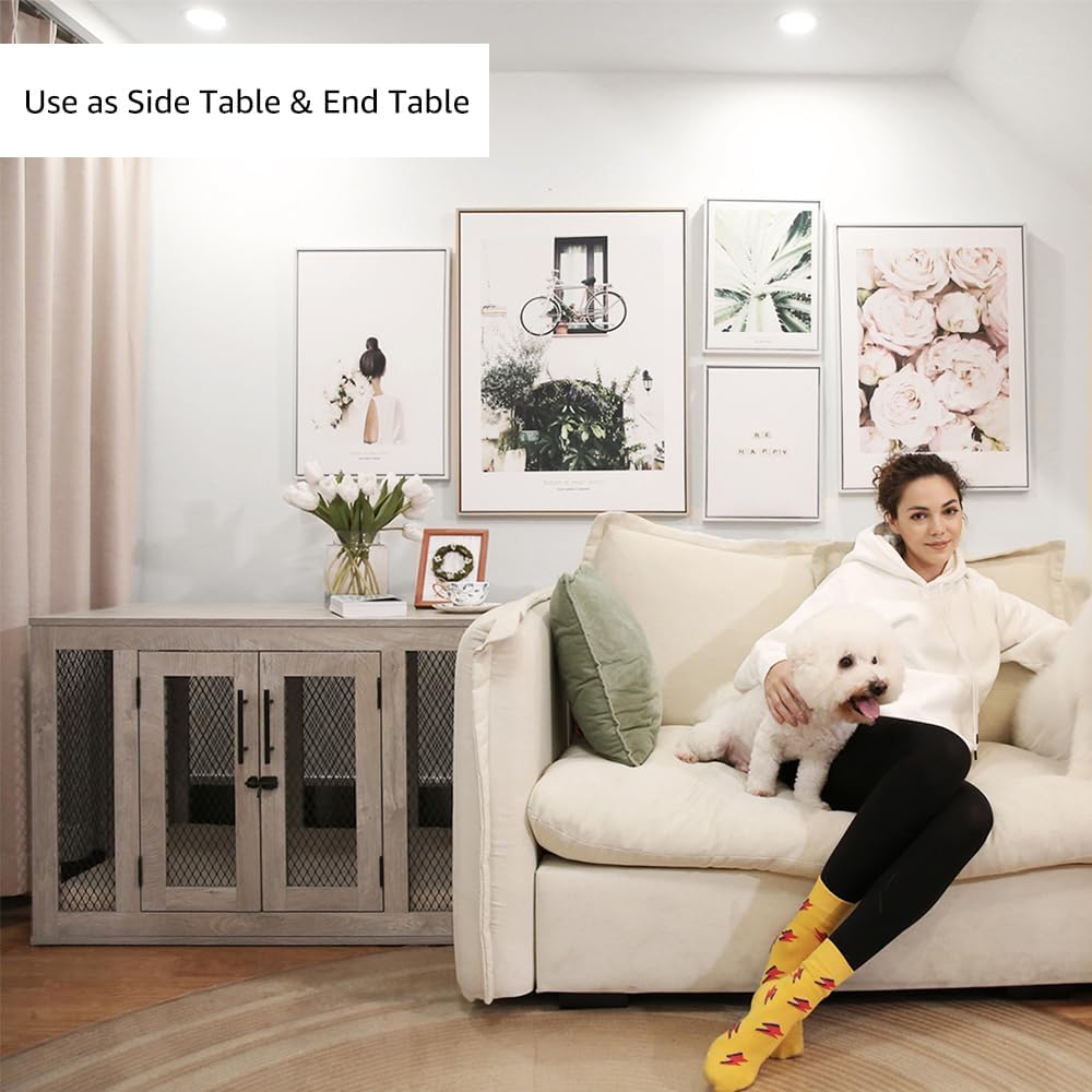 unipaws – Jaula para perros estilo mueble con cojín y bandeja, jaulas de malla para perros con puertas dobles, casa para perros con mesa final,
