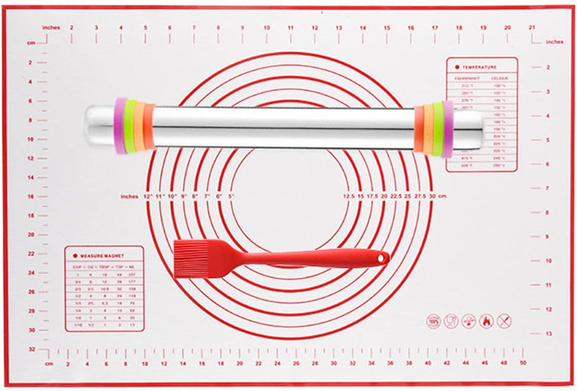 A-XINTONG – Juego de rodillos de acero inoxidable con alfombrilla de silicona para repostería, rodillos con 4 anillos de grosor ajustable para