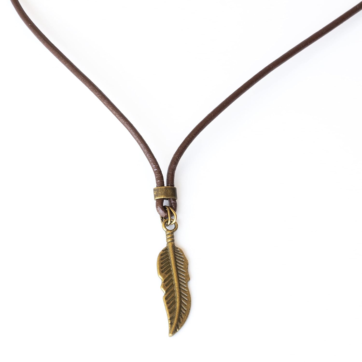 Men’s Feather Necklace, Short Brown Leather & Brass Pendant Choker Necklace for Men, Spiritual Nature Inspired Hippie Festival Choker for Men,