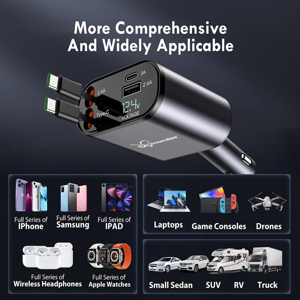Retractable Car Charger,66W Super Fast USB Car Phone Charger,Dual TypeC Retractable Cables (31.5 inch) and 2 USB Ports Car Charger Adapter for