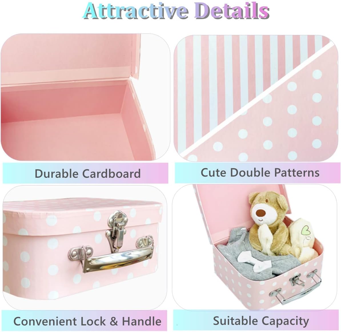 Amedoo Juego de 3 maletas de cartón decorativas, compatibles con organizador de almacenamiento Barbie, ropa de muñeca, juguetes, fotos, accesorios,