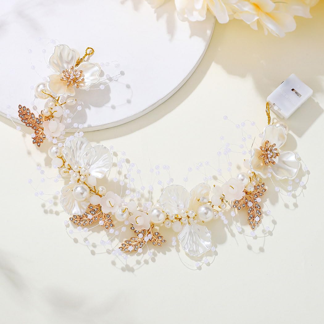 GORAIS Diadema de novia con perlas doradas, accesorios para el cabello de vid iluminados para novias y niñas de flores