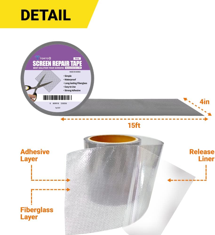 Kit de reparación de pantalla de ventana, 3 capas adhesivas fuertes e impermeables de malla de fibra de vidrio (gris, 4 pulgadas x 15 pies)