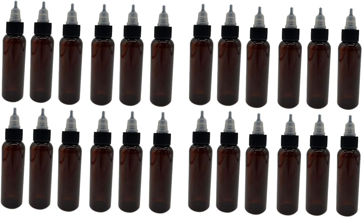 Natural Farms Botellas Cosmo ámbar de 2 onzas sin BPA, paquete de 24 recipientes vacíos recargables, aceites esenciales, cabello, tapa de apertura y