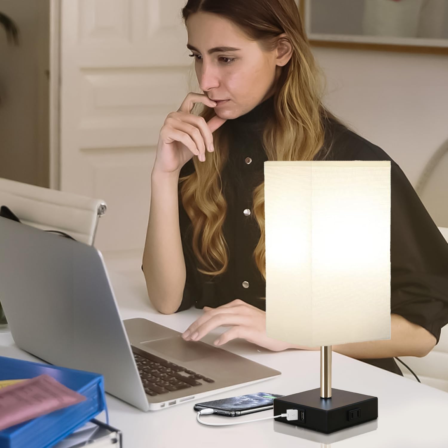 Lámpara de noche con control táctil, lámparas de mesa regulables de 3 vías con 2 puertos USB y tomacorriente, lámpara de mesita de noche para
