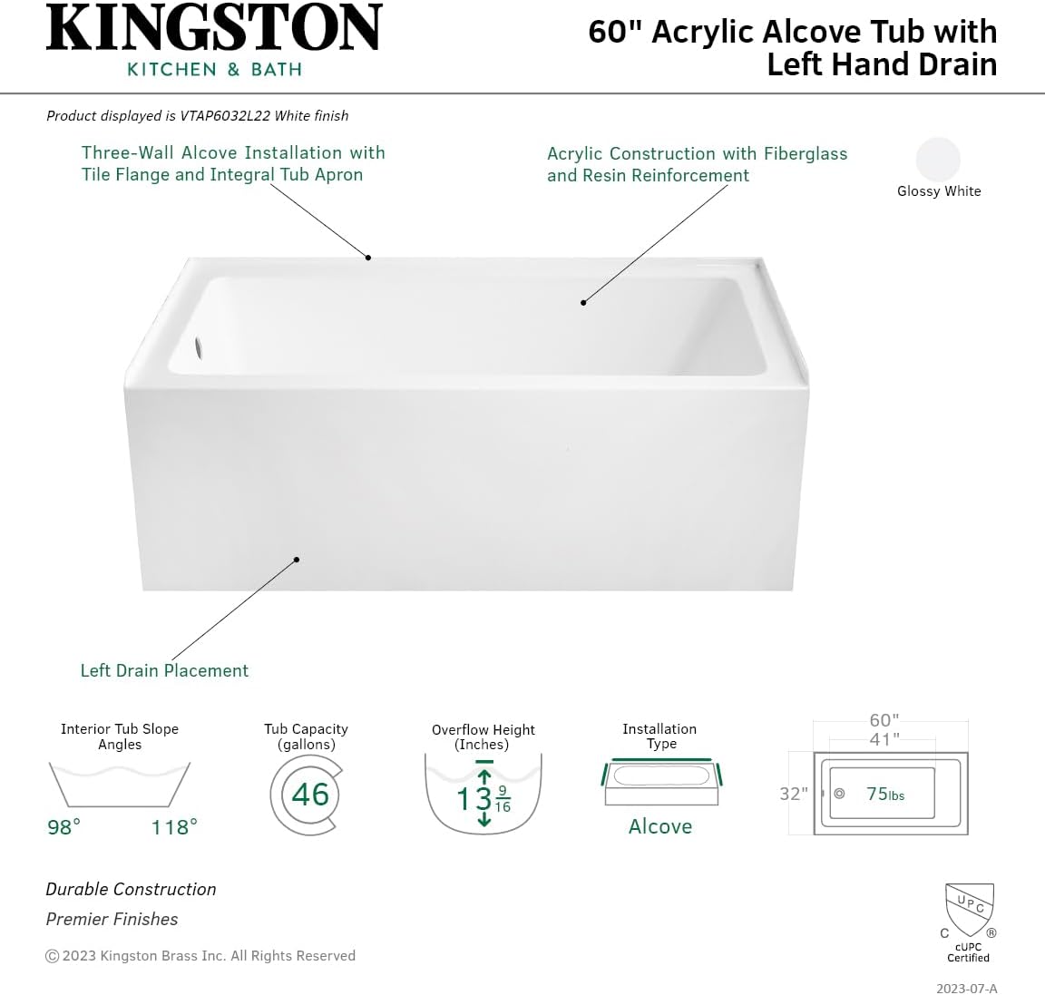 Kingston Brass VTAP6032L22 Aqua Eden – Tina de alcoba acrílica de 60 pulgadas con orificio de drenaje para mano izquierda, blanco brillante