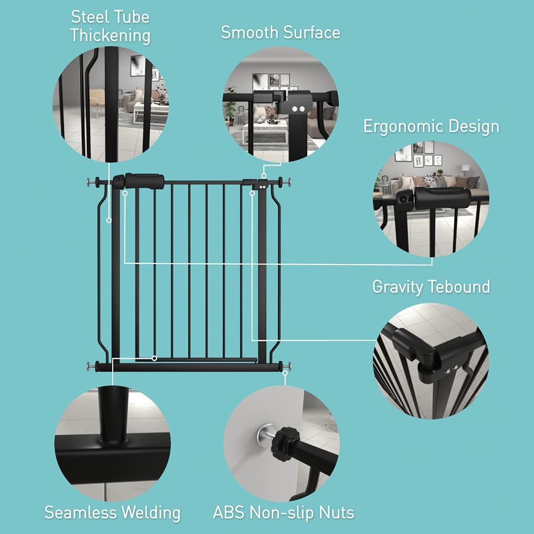 WAOWAO Baby Gate Extra Wide montado a presión a través de Swing Auto Close Seguridad Negro Metal Niño Niño Niño Perro Perro Perro Cachorro Gato para