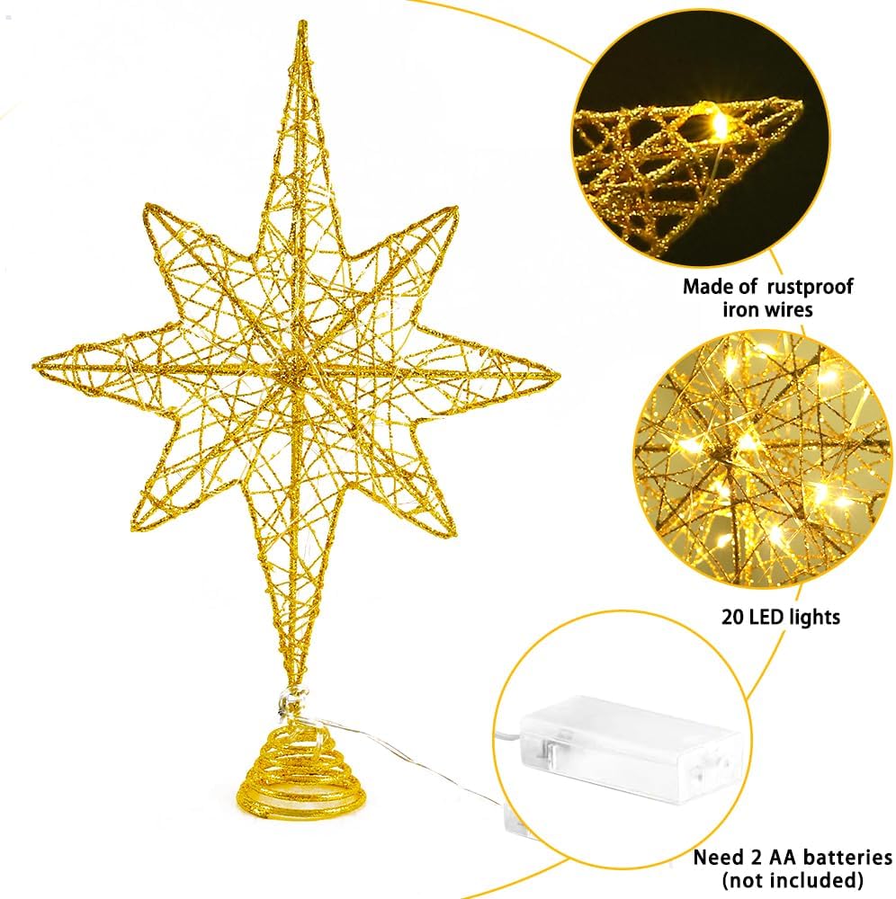 DULEFUN Decoración para árbol de Navidad iluminada de 13.5 pulgadas con 20 luces LED, adorno para árbol de Navidad para Año Nuevo, vacaciones,